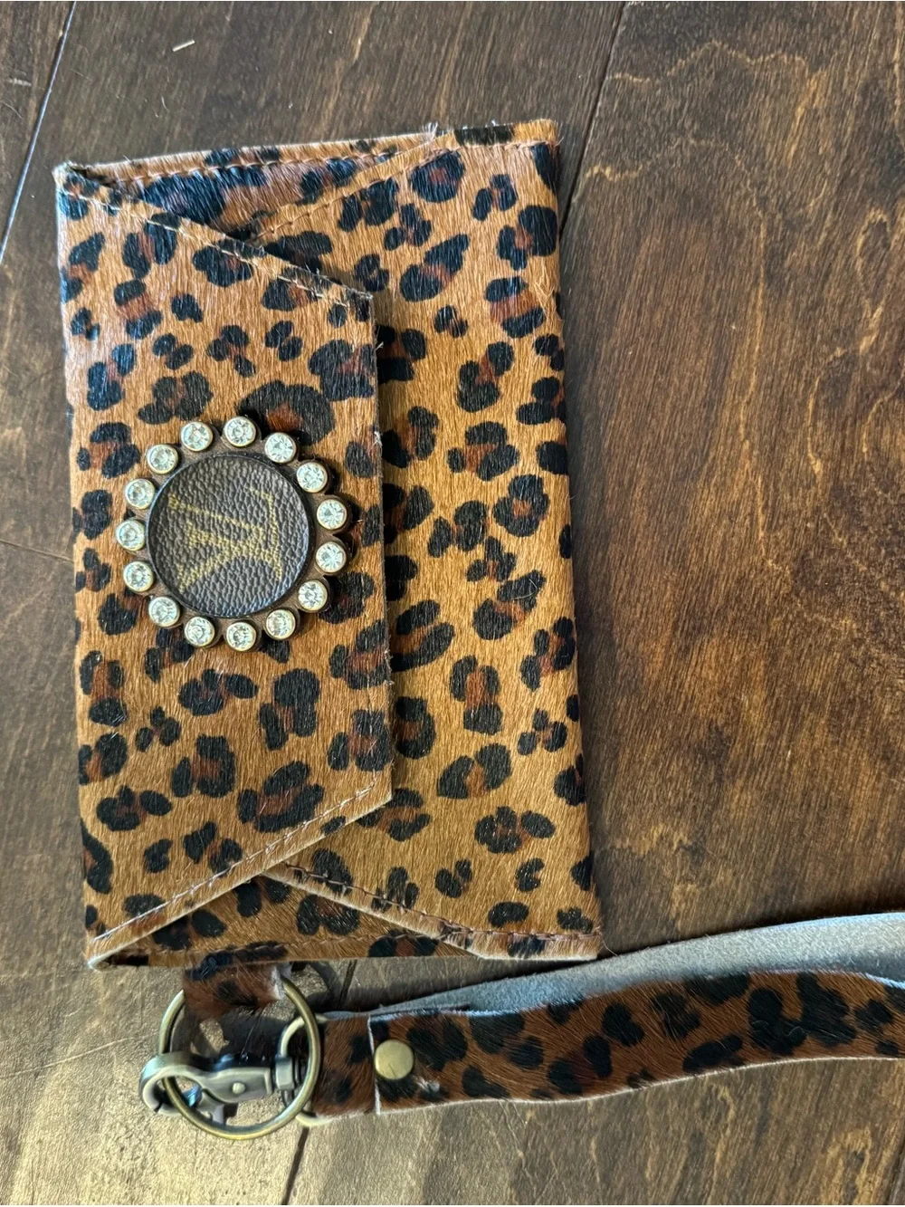 Leopard Print Wristlet Phone Case with Rhinestone Medallion - Brown